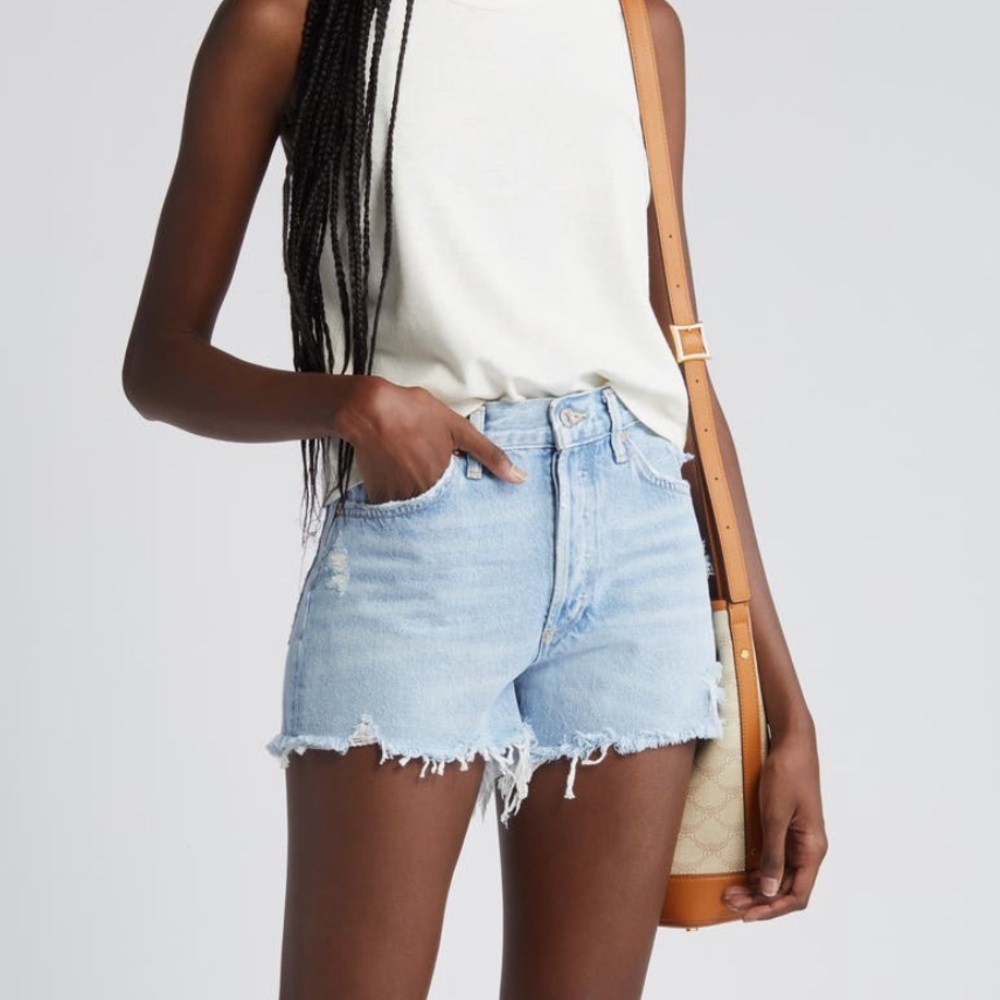 Agolde Light Blue Ripped Jean Shorts